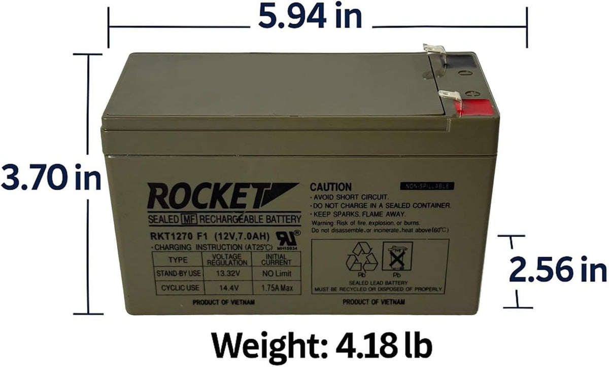Rocket RKT1270 12V 7Ah sealed lead acid battery with F1 terminals – view 2