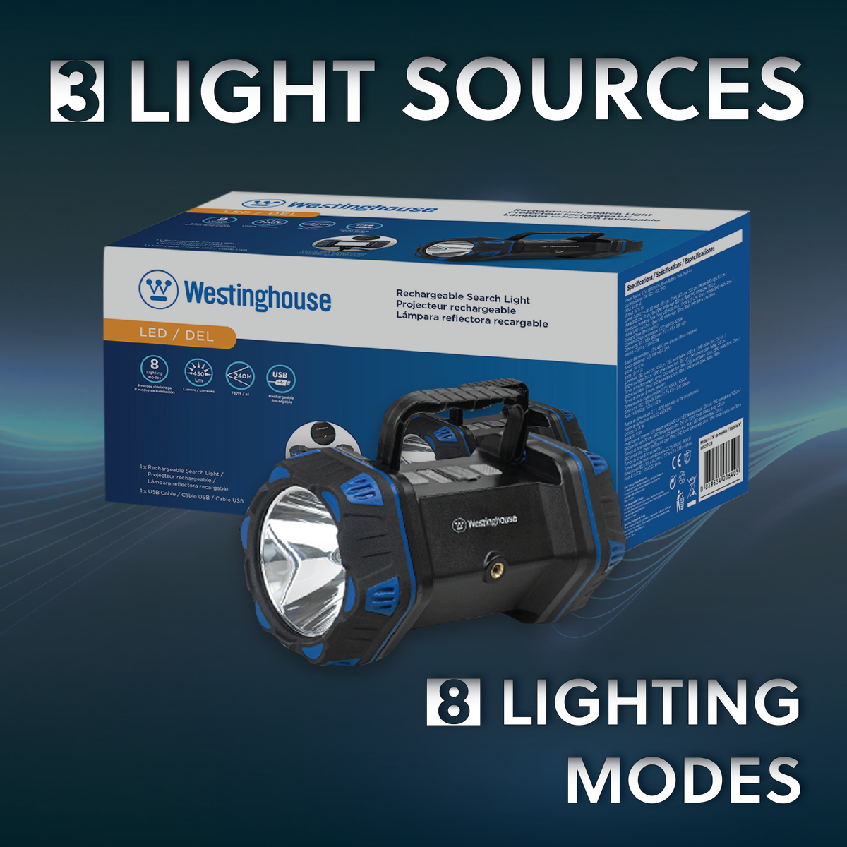 Westinghouse WF217 Rechargeable Search Light and Area Light with Built In Mobile Power Bank and 8 Adjustable Lighting Modes for Outdoor and Emergency Use